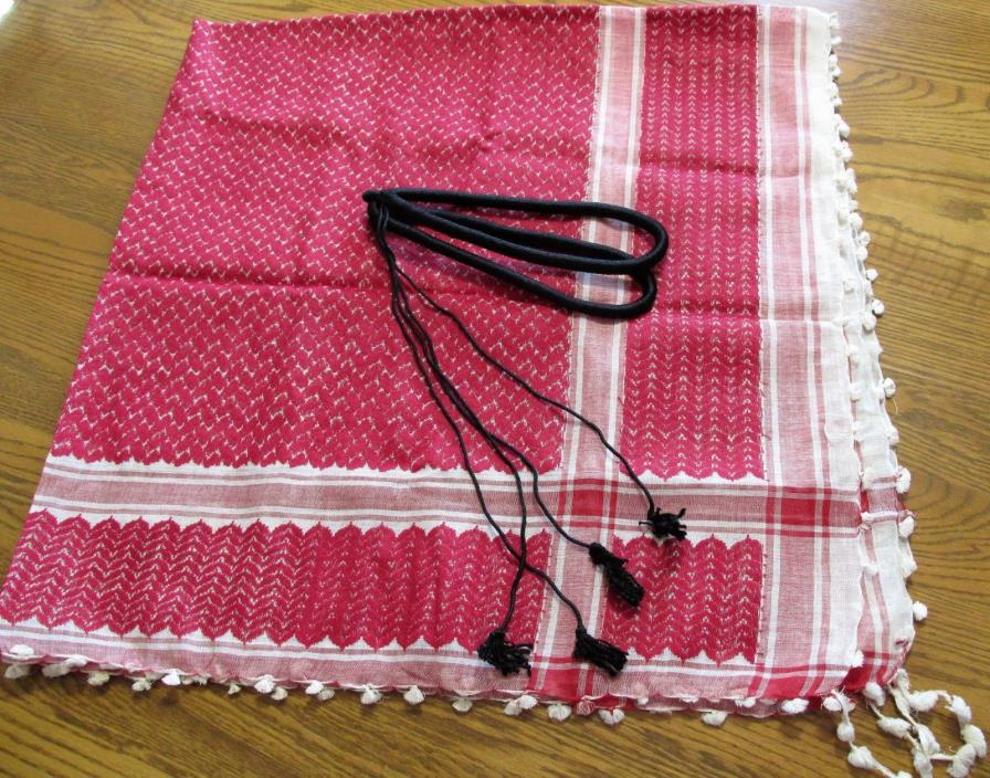 VINTAGE 1959 RED ISRAEL PALESTINE HATTA KEFFIYEH w/ BLK AGAL CORD *NEVER USED*