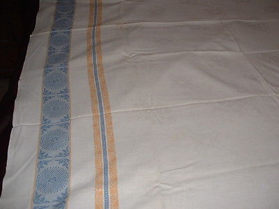 Vintage 1950 - 1960 LINEN BLUE & ORANGE STRIPE TABLE CLOTH VERY OLD 57