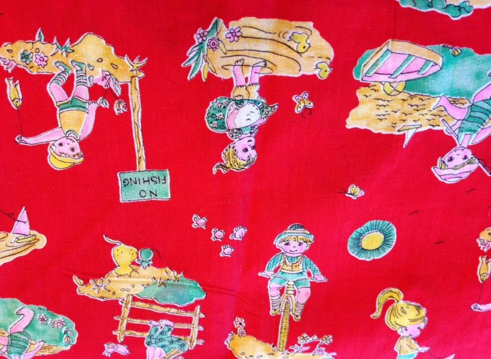Vintage Children's Red Cotton Fabric Summertime Fishing Boys Girls 1 yard by 42