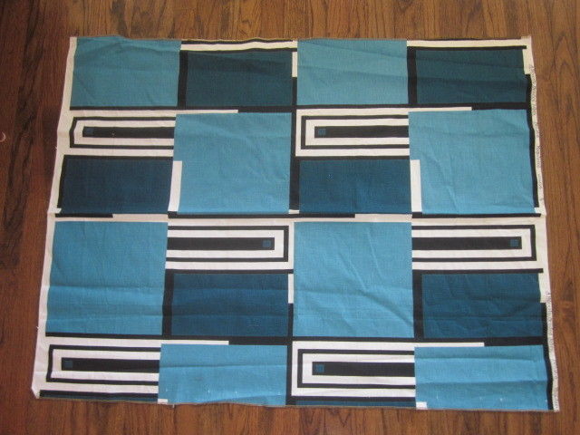 Vintage Waverly Brasilia Blue Black Geometric Decor Fabric Sample Cotton MCM