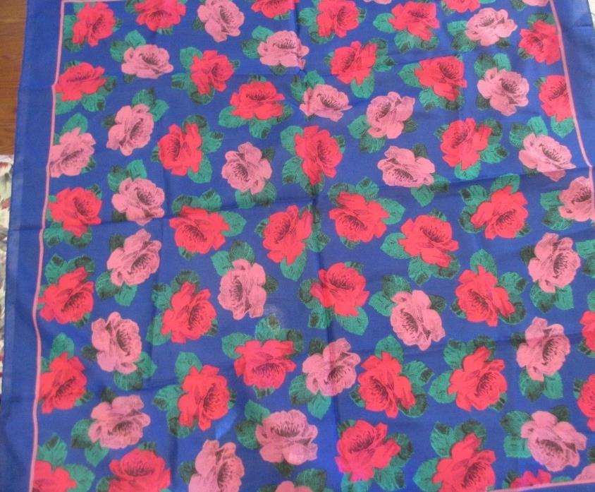 VINTAGE SARAH COVENTRY SCARF with RED, LAVENDER & GREEN ROSES on BLUE 30