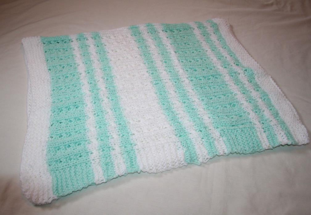 HAND KNITTED WHITE & GREEN BABY BLANKET