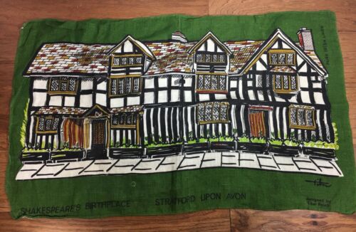 Vtg Tibor REICH TEXTILE ART Linen Towel Shakespeare Birthplace Stratford Avon