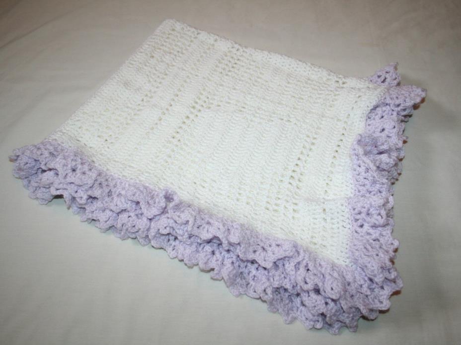 HAND KNITTED WHITE WITH PURPLE TRIM & HEARTS BABY BLANKET