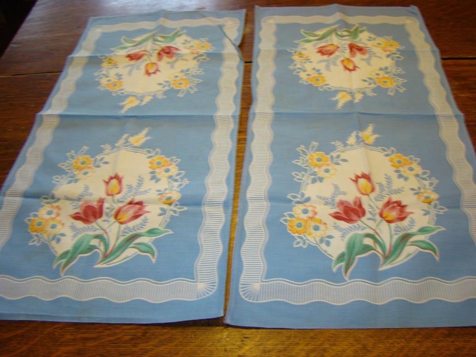 2 VINTAGE 1940's Tea Towel floral tulips  Print  28