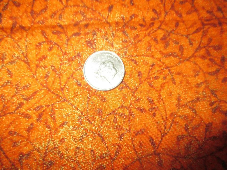 GOLD ACCENTED Vintage BROWN FLOWERS On ORANGE 1990's COTTON Fabric-over 1 yd