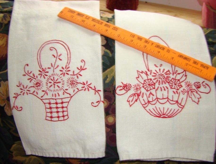 2 VINTAGE Linen Tea Towel Yellow Stripe RED EMBROIDERY 26