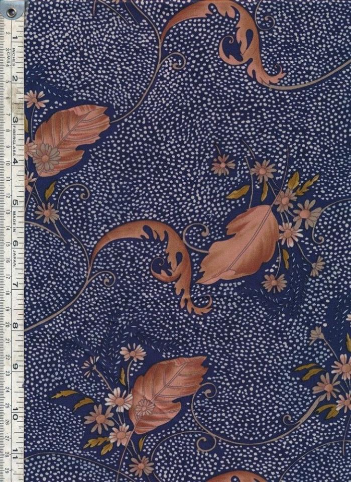 2 Yards Navy Blue White Brown Floral Print Silky Vintage Polyester Fabric 45
