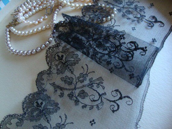 Antique French Cotton Black Edwardian Lace for Antique Dress Made in France