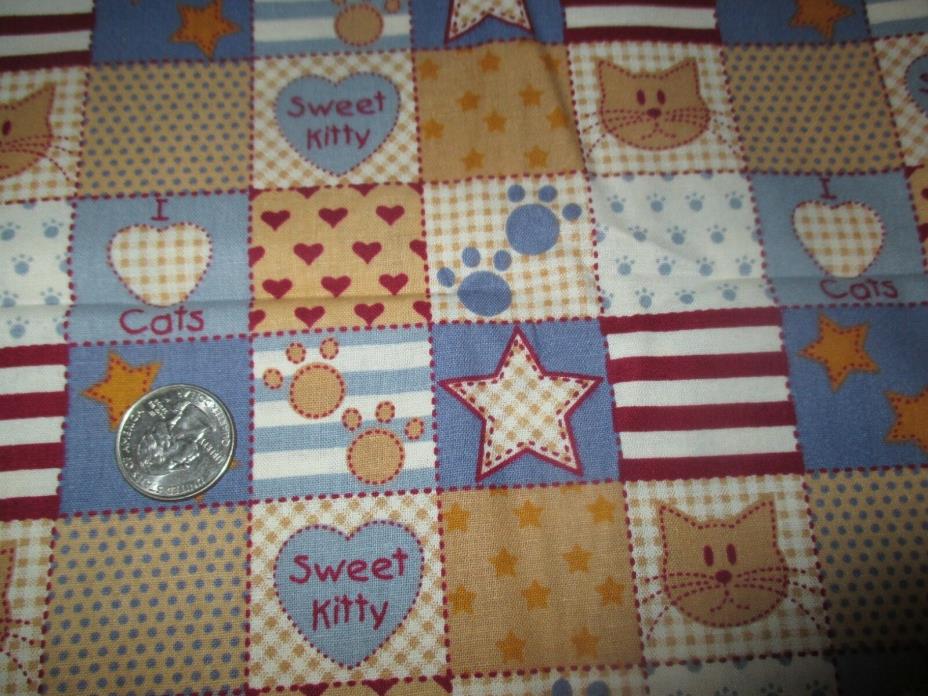 PURR-FECT Vintage SWEET KITTY CAT PATCHWORK 1990's COTTON Fabric-shy 2 yd
