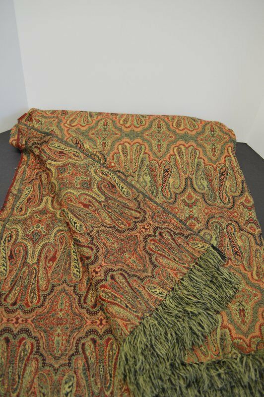 Paisley Throw Shawl Woven Red Green Peach Black Piano Scarf Large 101 in x 82 in