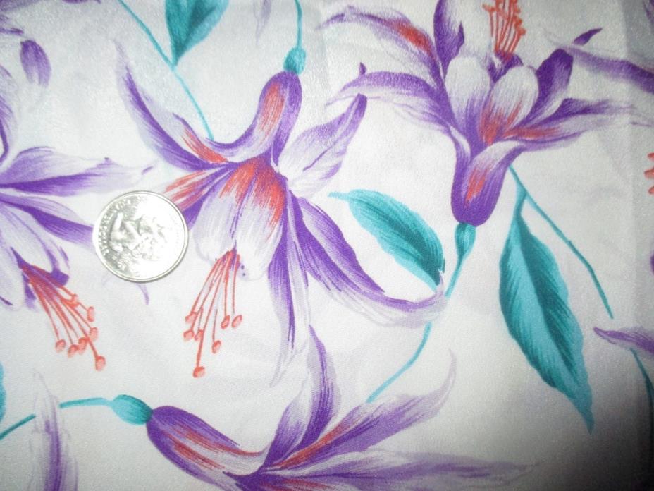 DREAMY Vintage PURPLE FLOWERS On WHITE 1970's Light POLYESTER Fabric-over 1 yd