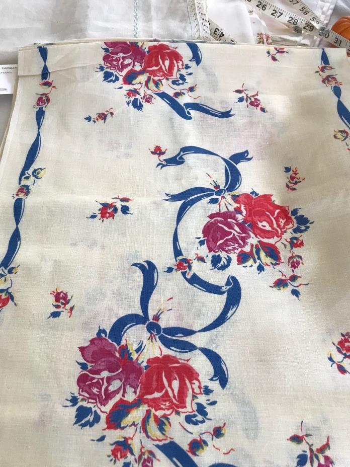 linen vintage dish toweling yardage red roses blue ribbons original 9 YARDS