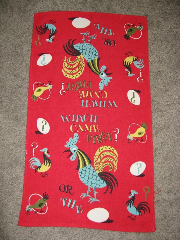 Vintage 1960's 100% Linen Tea Towel Chicken Egg theme Which came first? RED