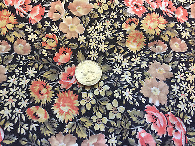 Vintage Fabric Black and Pink Peach Orange Floral 7 2/3 yards  x 46