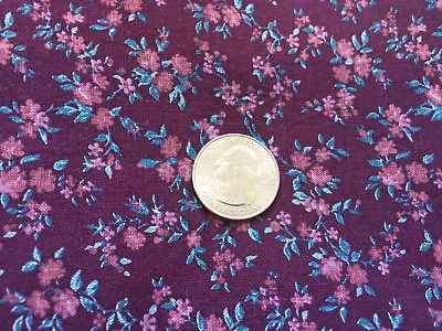 Vintage Fabric Purple Burgundy with dark green Floral pattern 2 yds x 44