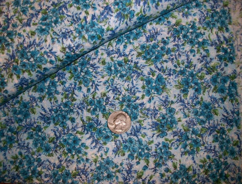 Vintage Mid-Century 1950s 1960s Blue Floral Cotton Fabric 2.5 yards