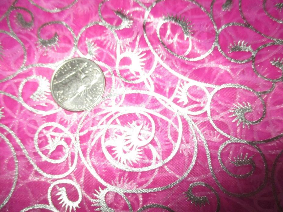 DEBUTANTE Vintage SHIMMERY SILVER SWIRLS On PINK 1990's Sheer NYLON Fabric-7 yd