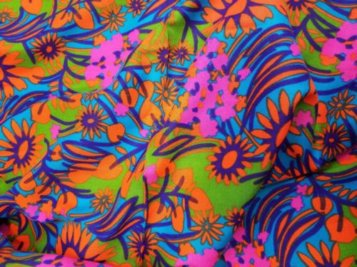 Vintage 1960s neon pink orange green blue psychedelic floral fabric