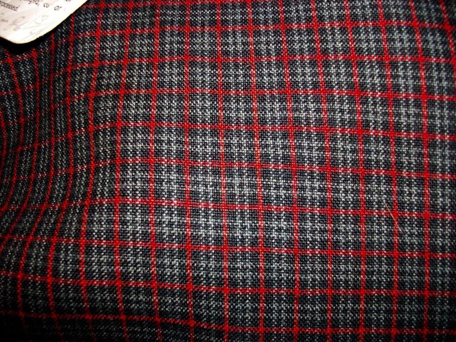 Vintage Milliken NY Rayon Wool Black Gray Red Plaid Fabric NOS Tag 2 1/3 60 wide