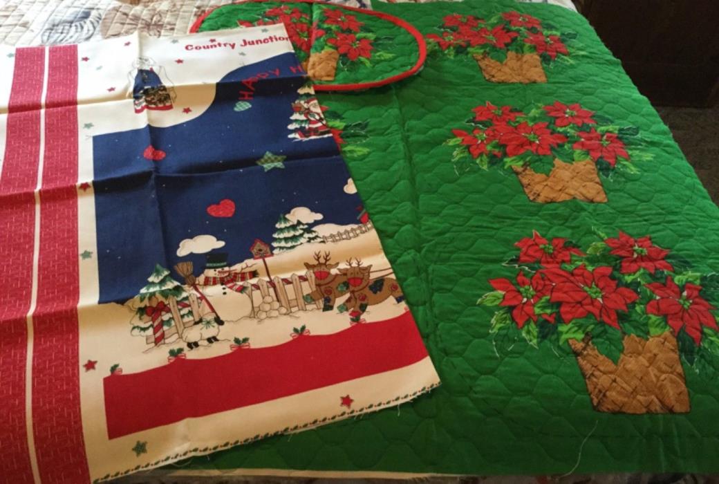 Vintage 80s 90s Poinsetta 6 Placemats & Christmas Country Junction Apron To Sew