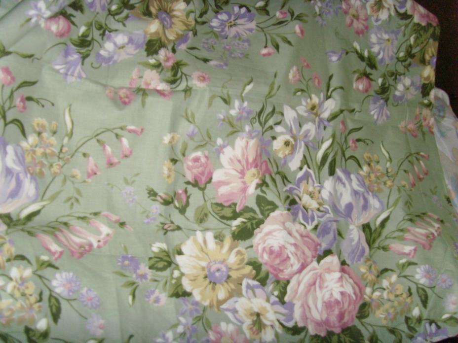 Shabby romantic chic pink yellow lavender roses on pale green fabric material