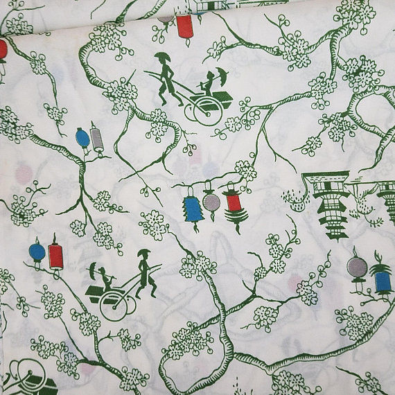 Cherry Tree Asian Silky Print on White Polyester Fabric 5 Yards