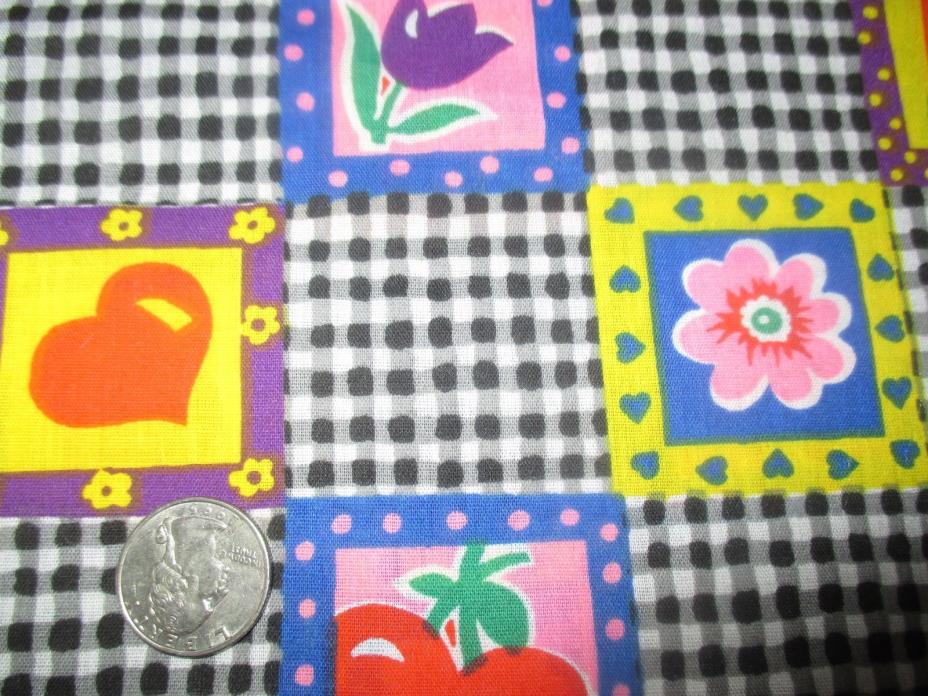 Vintage FLOWERS HEARTS FRUITS On BLACK GINGHAM 1970's COTTON Fabric-over 1 yd