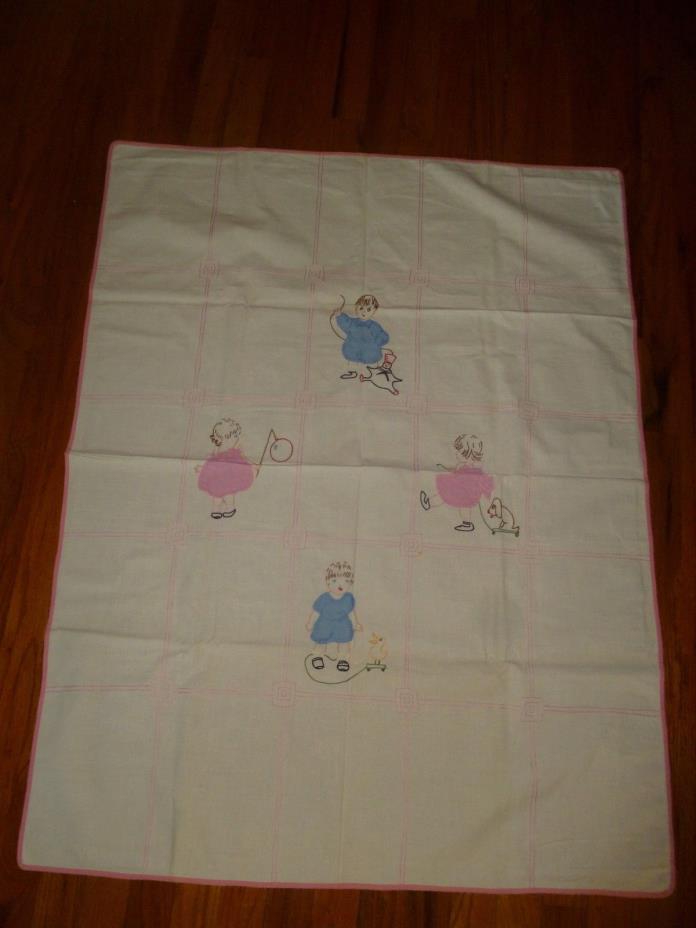 Vintage Cotton Muslin Fabric Table Cloth Embroidered Children Pink Lines Border