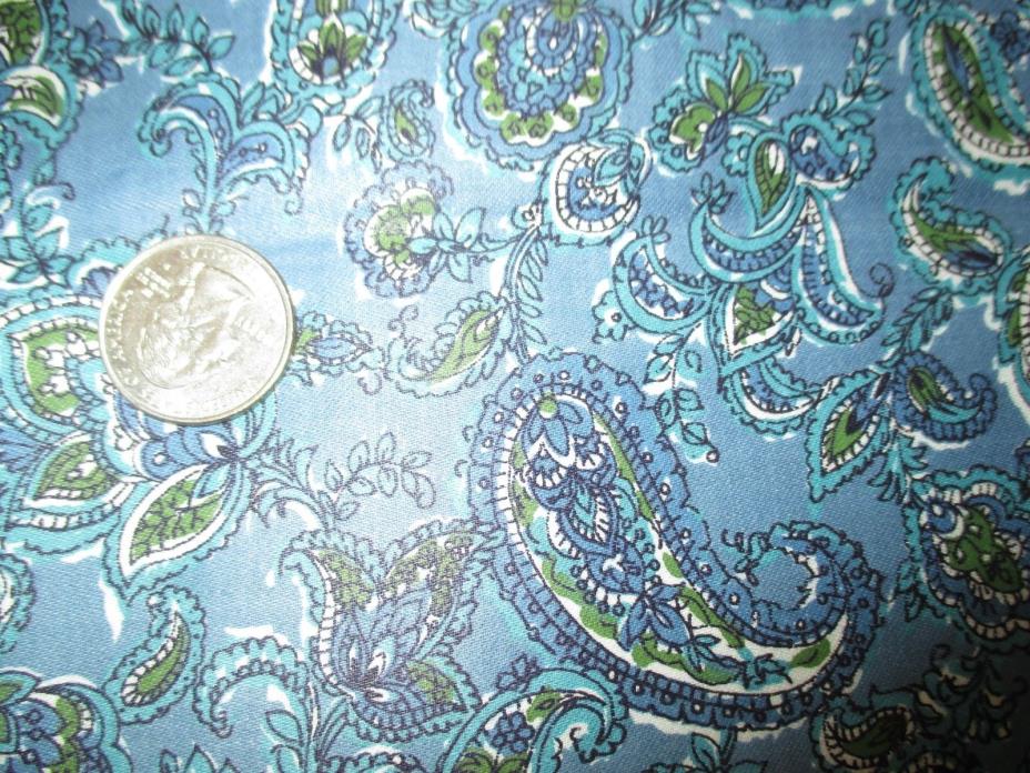 Vintage BLUE GREEN WHITE FLOWERS PAISLEY On BLUE 1950's SATIN Fabric-over 1 yd