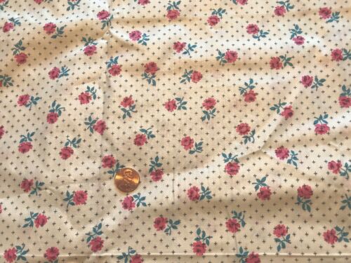 5 Yds X 36” Wide VINTAGE 100% Glazed COTTON Fabric WHITE W PINK ROSES