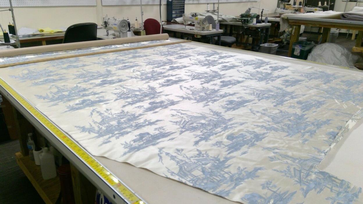 DESIGNER FABRIC - Silk Brocade Fabric-Cream & Light Blue-Chinese Theme