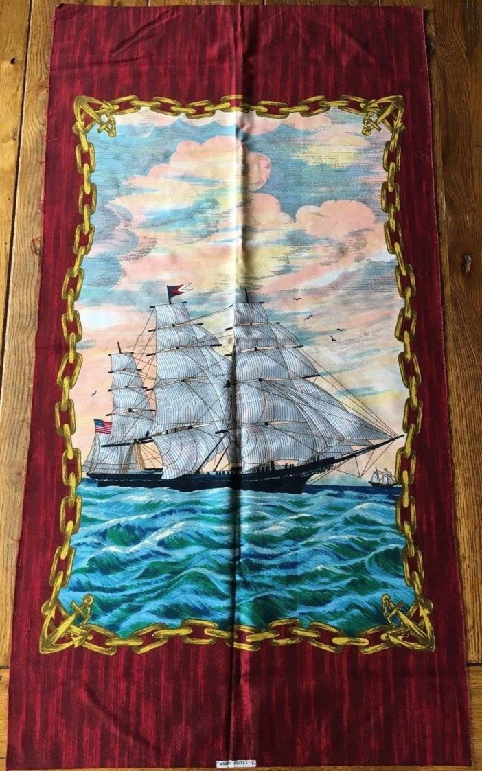 Vtg Wesco Reltex Fabric Panel Nautical Sailing Ships US American Flag 44x23