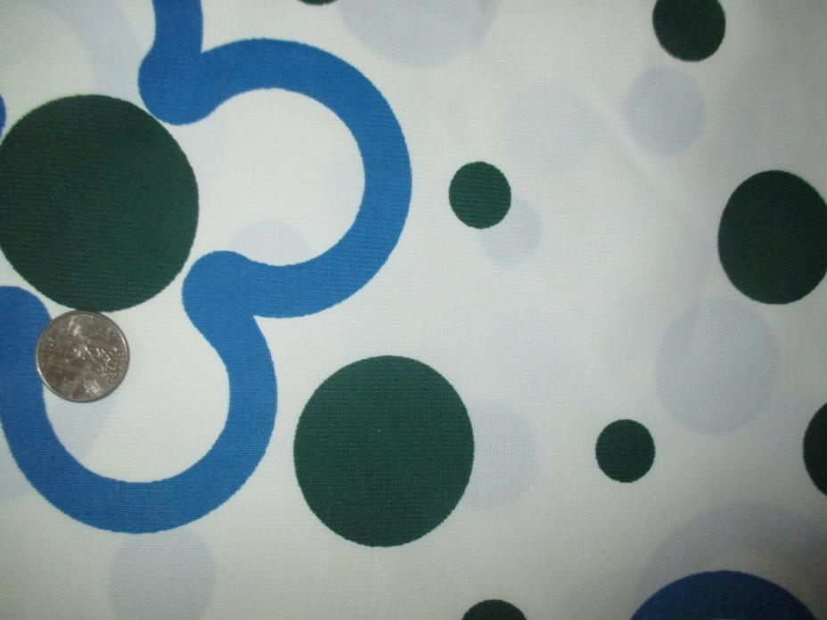 Vintage BLUE FLOWERS GREEN CIRCLES On WHITE 1970's POLYESTER Fabric-over 3 yd
