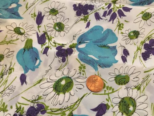 Vtg Silky Satin Fabric Floral Design Turquoise Purple & Daisy Flowers 5yds