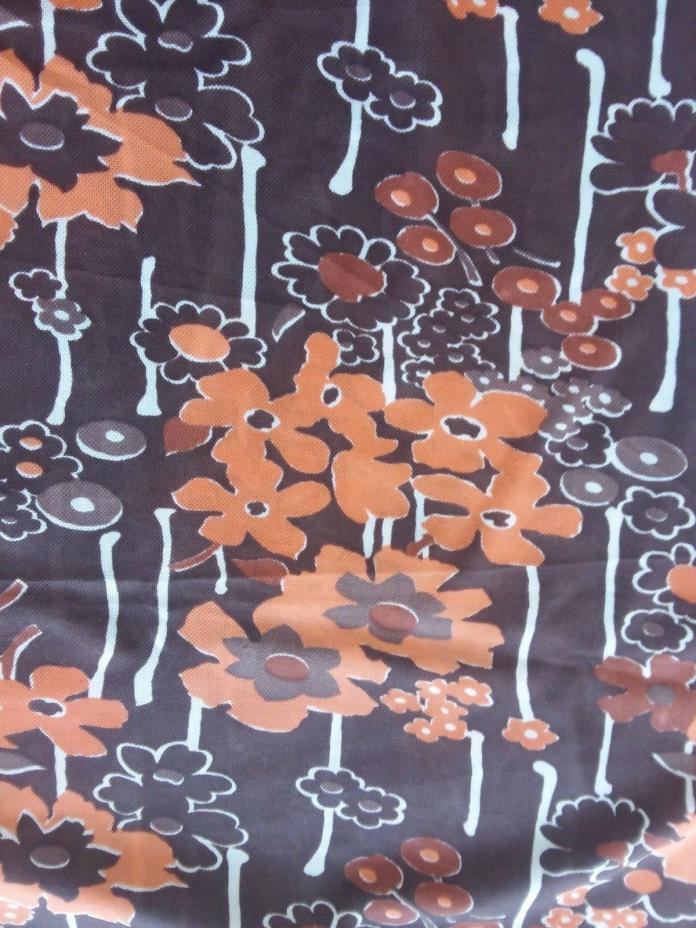 Retro Vtg Mod Orange & Brown Floral Double Knit Fabric Polyester 56