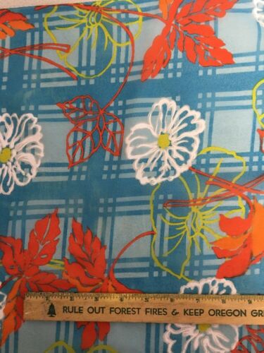 3 yd VTG Semi Sheer Fabric Multicolor flowers Blue Plaid White Daisy Orange Leaf