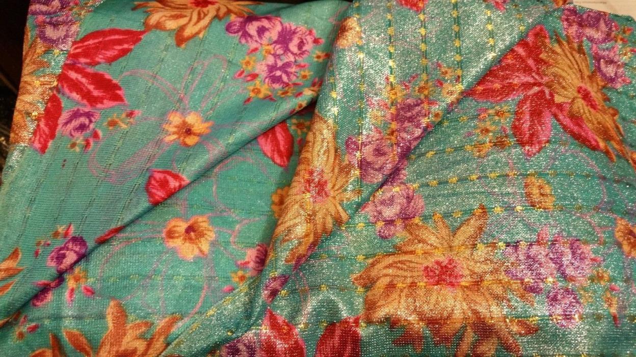 Shiny Teal with Flowers Fabric Fabrics sz 4 1/3