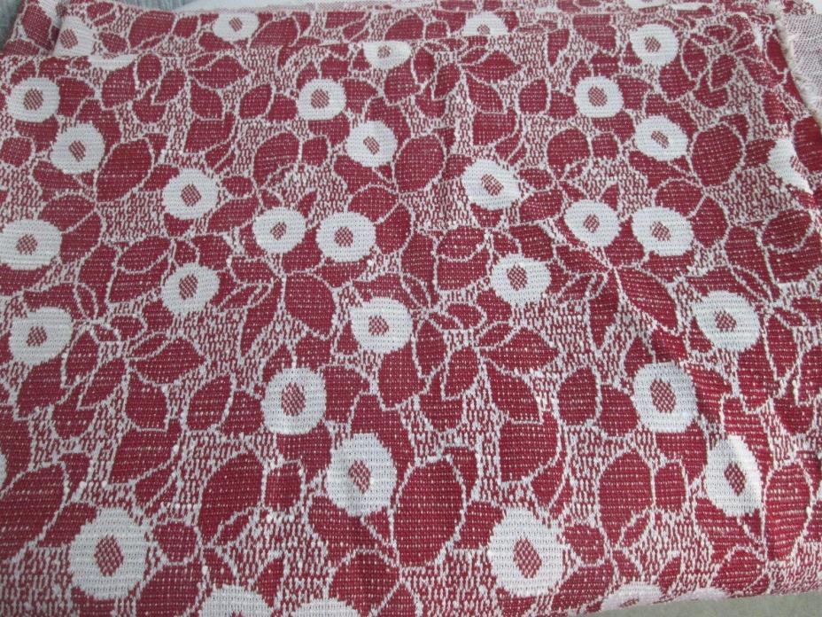 62w x 46 Vintage Double Knit Polyester Fabric RED Wine White Floral Mod