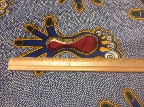 Vtg African Silky Fabric Jukatex Suberb Wax Foot Hand Design >2 Yds Blue Red Yel