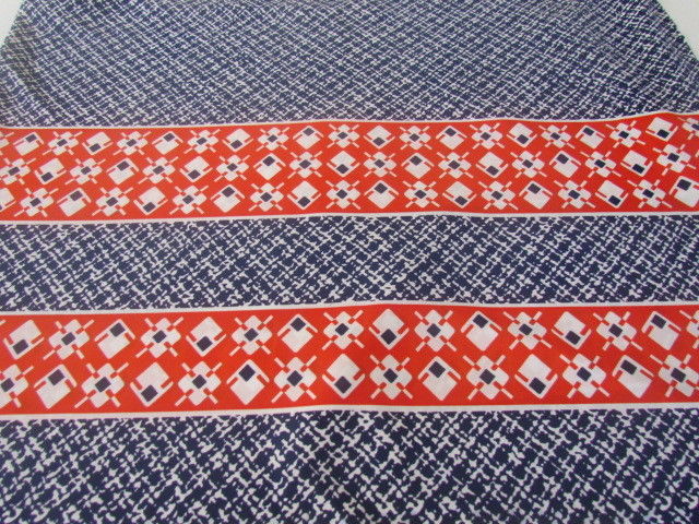 Vintage 60s Blue White Red Geometric Band Border Jersey Fabric 3 Yards 7