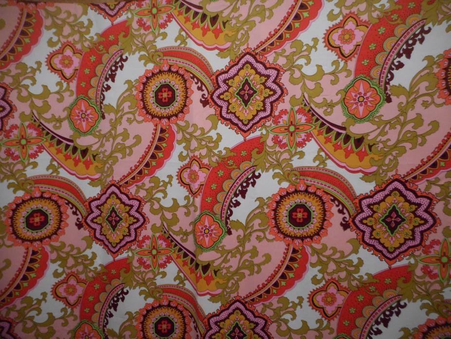 Vintage Mod Screen Printed Polyester Fabric Pink Orange Green Purple 44