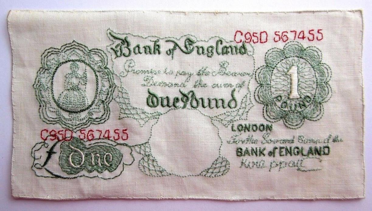 Vintage Novelty Money Bank of England Fabric Embroidery Applique Patch One Pound
