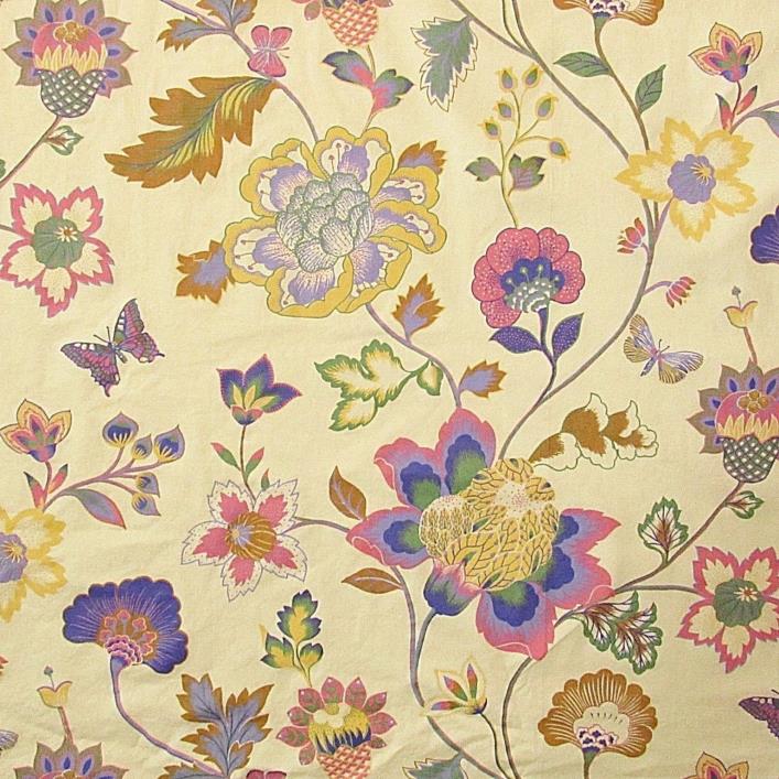 Vintage Floral Fabric 1990s Retro Home Decor Cream Purple Pink Yardage