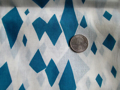 Vintage Cotton Fabric White & Teal Abstract Print 3yd Long 35in Width, 1950's