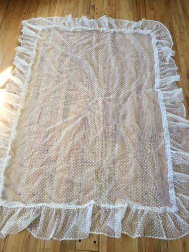 Vintage Sheer Flocked Fabric Swiss Dot Bedspread Cover Curtains White Ruffle