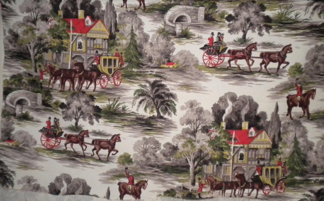 VTG 50s Cohama Derbyshire English Country Side Horse Carriage Fabric Panel 50x84