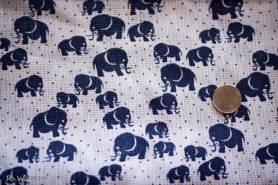 Vintage Elephant Fabric Material White Navy Blue