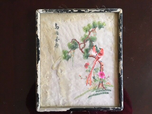 VINTAGE ASIAN HAND MADE DESIGN ON VERY FINE CLOTH BROUGHT (BACK FROM THE WAR)