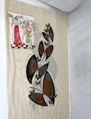 Vtg Shaheen Mid Century Hawaiian Butterfly Hand Printed Linen Fabric W/Patterns